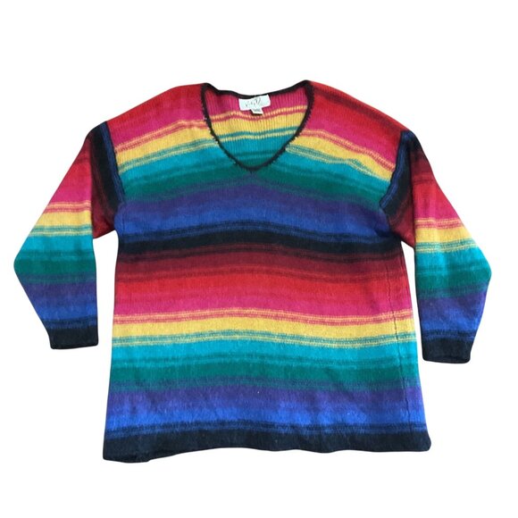 Vintage Katy D Rainbow Striped V-Neck Sweater Plus Size 22/24 50% Mohair Womens - Picture 1 of 4